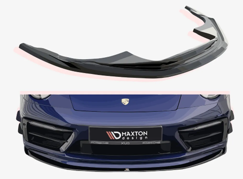 Front splitter for a Porsche 911, shown alone and fitted to the car