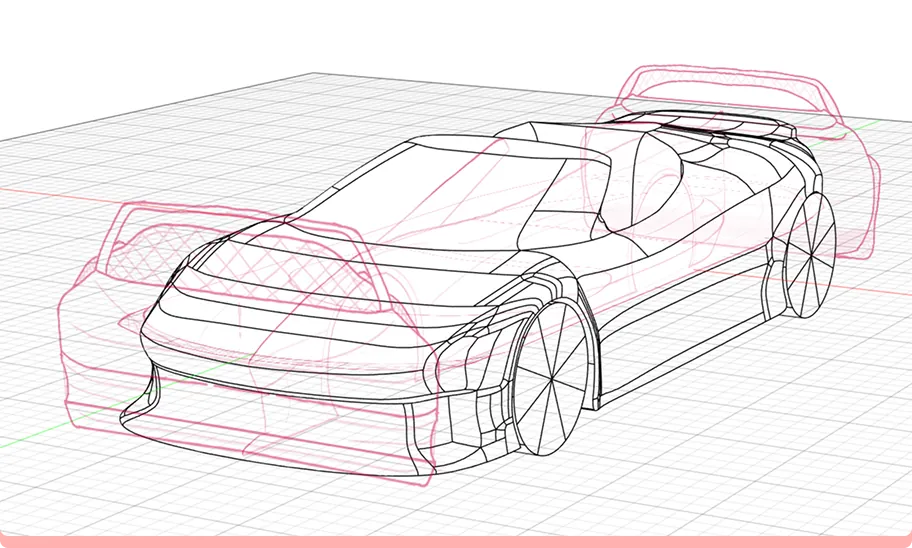 Fusion 360 Form model wireframe overlaid on the orthographic reference sketches