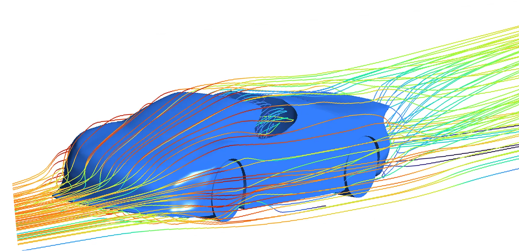 3D velocity streamlines flowing around the whole roadster, fastest over the nose and bonnet and slowing into the wake behind it
