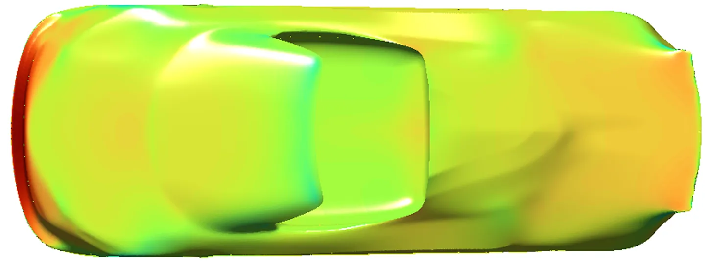 Top view of the car coloured by surface pressure, with no build-up at the windscreen and higher pressure at the spoiler