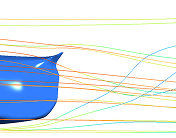 Streamlines turning upward at the rear spoiler, with underbody air joining the wake