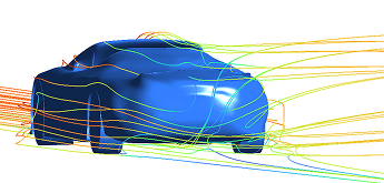 Streamlines around the car from the rear three-quarter view, separating at the rear edge into a wake