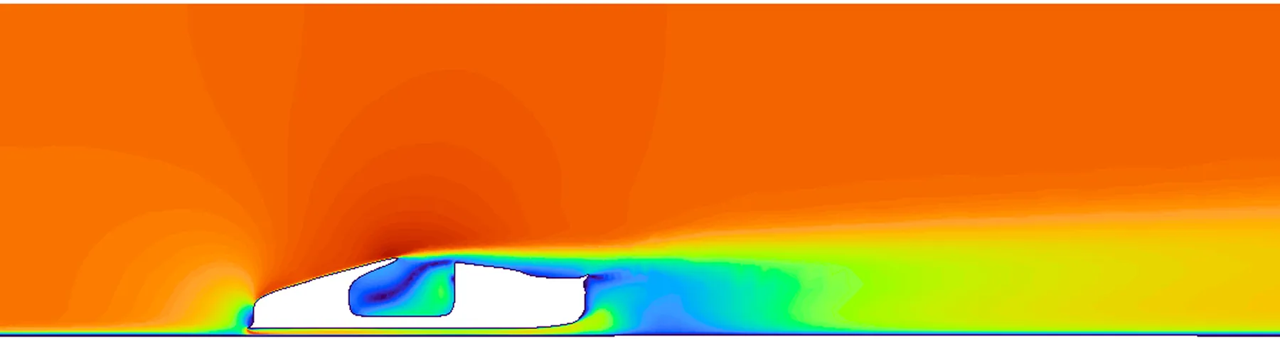 2D velocity plot of the car's side, with fast air over the bonnet and windscreen and a slow wake behind the car