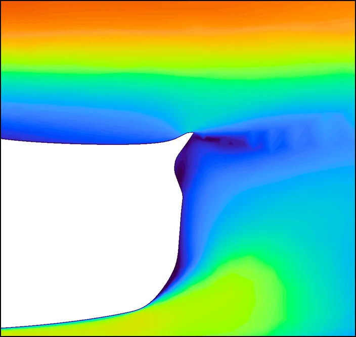 Close-up 2D velocity plot at the rear spoiler, with flow separating at its edge into a slow turbulent region