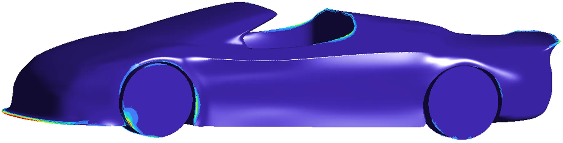 Side view of the car surface coloured by turbulent eddy dissipation, highest at the splitter, cabin edges and rear