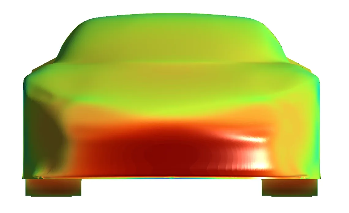 Front view of the car coloured by surface pressure, highest at the lower front bumper