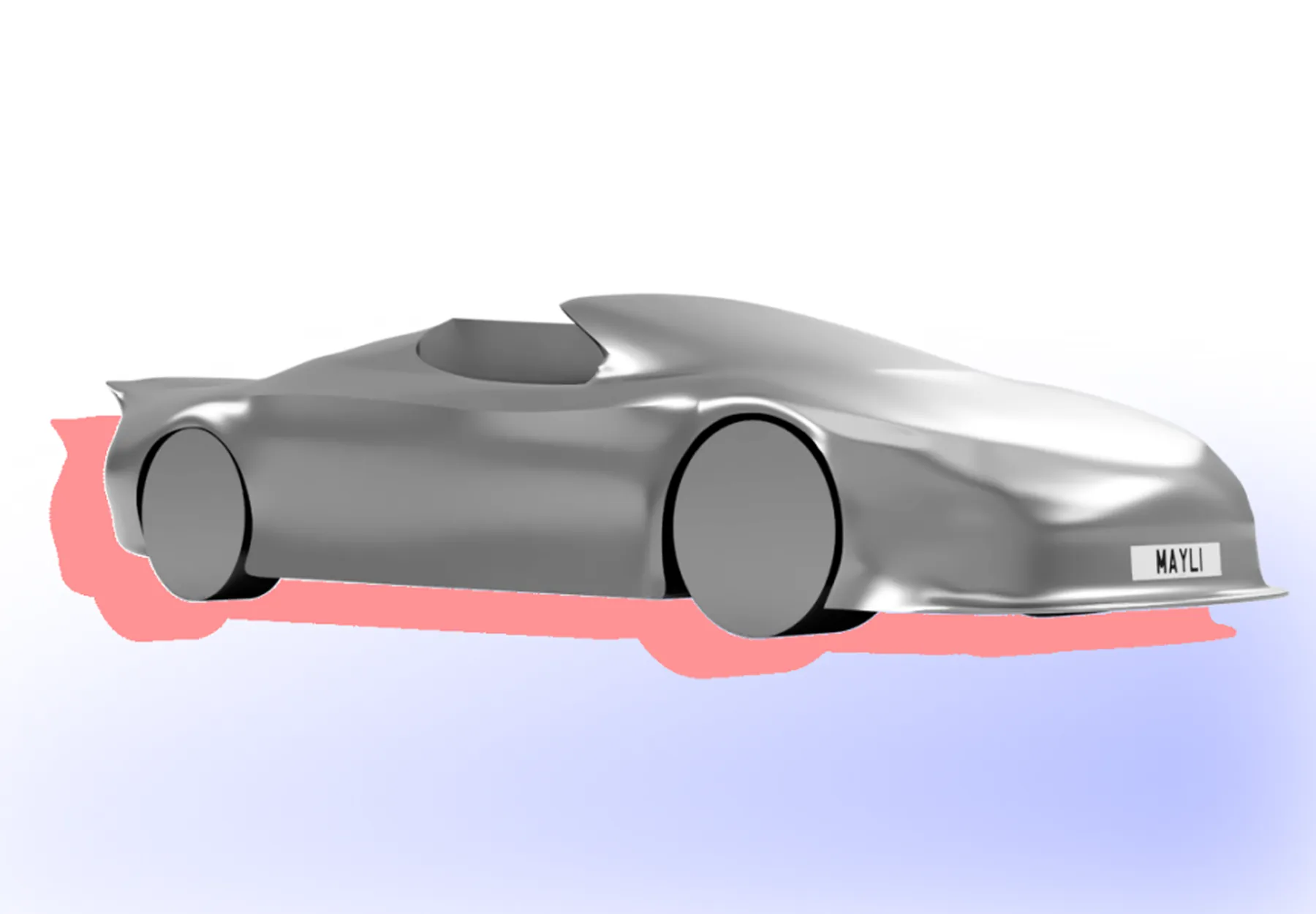 Render of the roadster from the side and front, showing the open cockpit, front splitter and raised rear