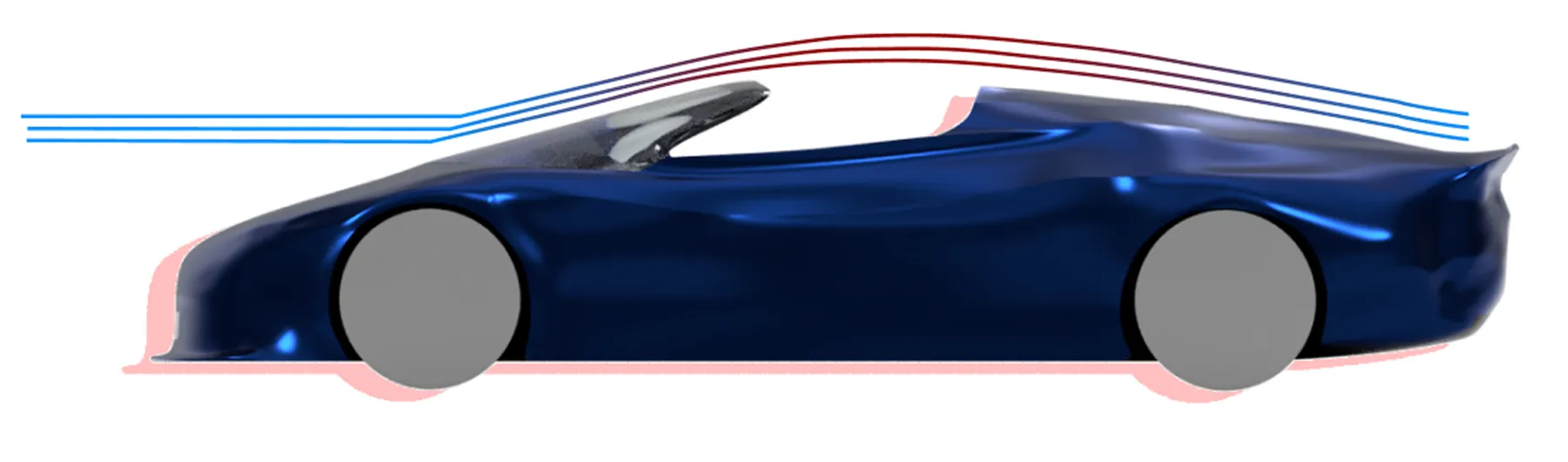 Side view of the refined roadster with streamlines over the raised, extended rear