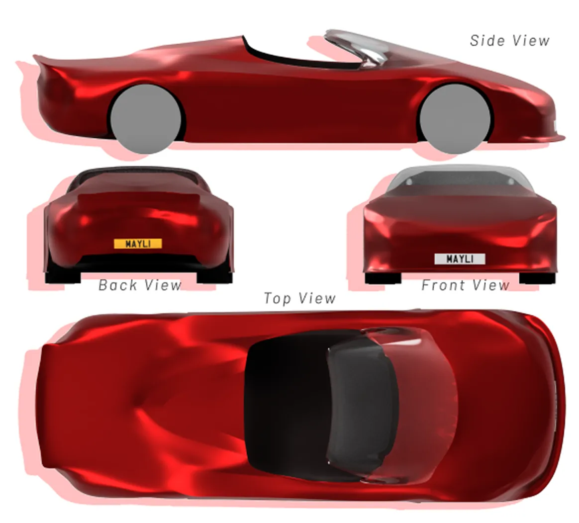 Side, back, front and top view renders of the roadster