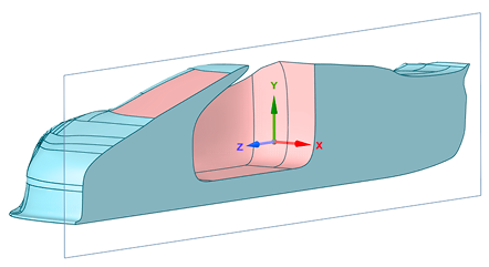 Half of the roadster model cut along its centre line, with the symmetry plane shown as a transparent sheet