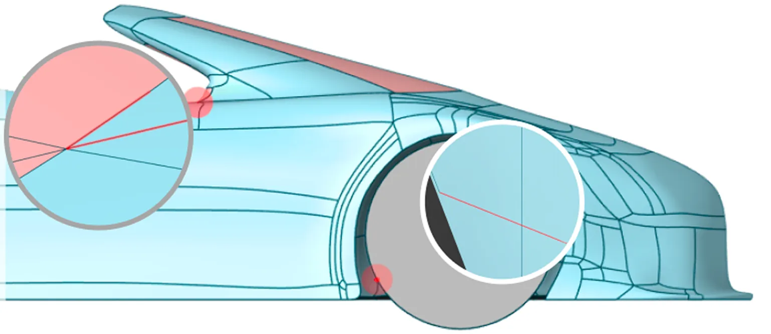 Side of the roadster model with two magnified circles highlighting short edges in red, near the windscreen and the front wheel arch
