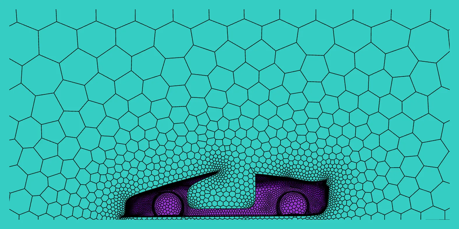 Mesh around the roadster on the symmetry plane, with polyhedral cells that get smaller close to the car