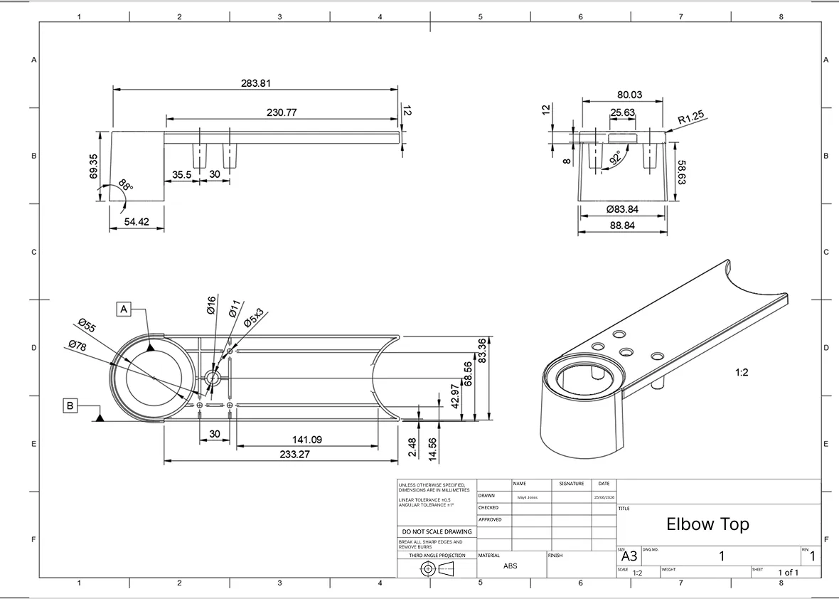 Dimensioned A3 technical drawing of the ABS elbow top