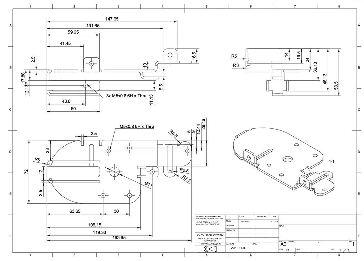 Dimensioned A3 technical drawing of the mild steel elbow mount