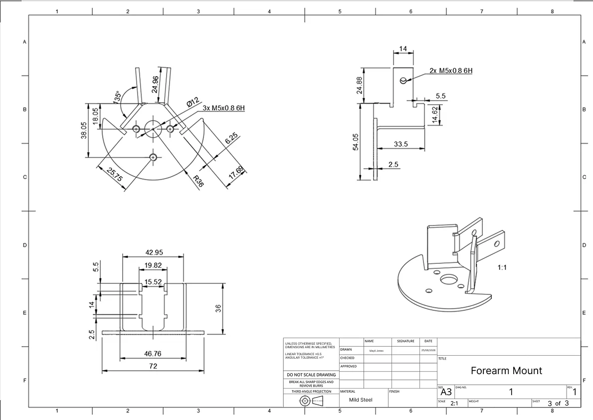 Dimensioned A3 technical drawing of the mild steel forearm mount