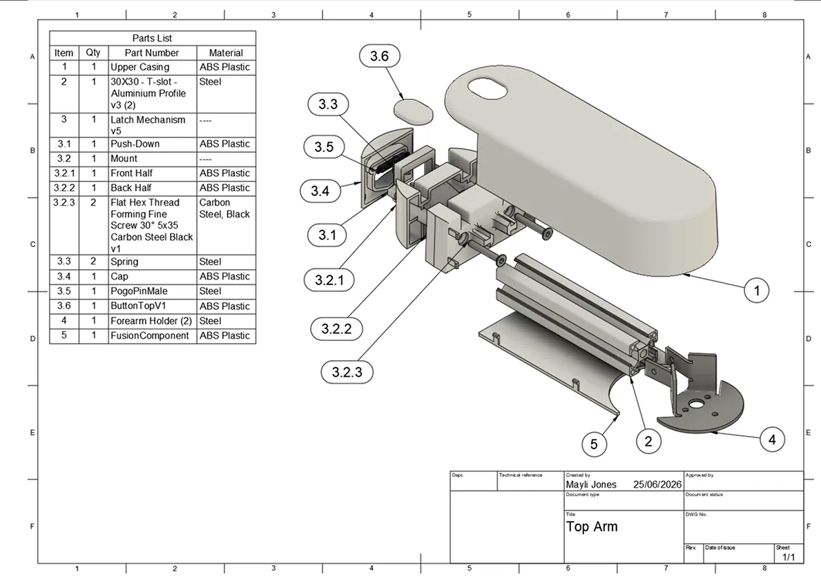 Exploded assembly drawing of the top arm with its parts list