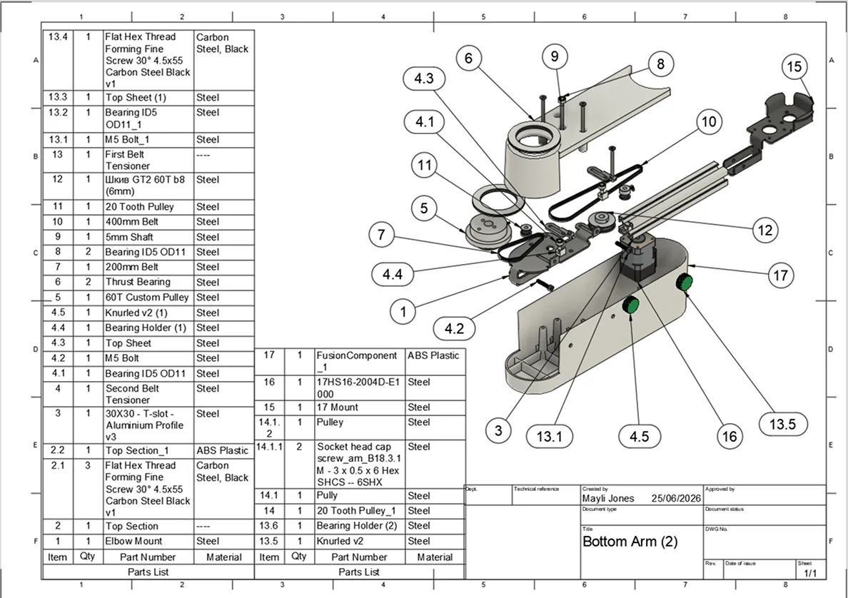 Exploded assembly drawing of the bottom arm with its parts list
