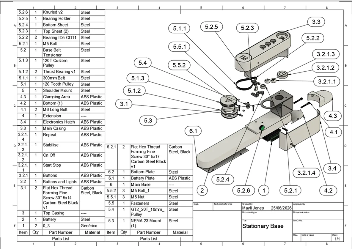 Exploded assembly drawing of the stationary base with its parts list