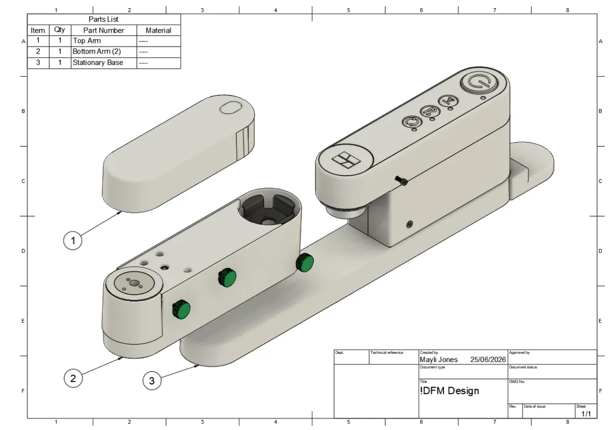 Assembly drawing of the full product: top arm, bottom arm and stationary base
