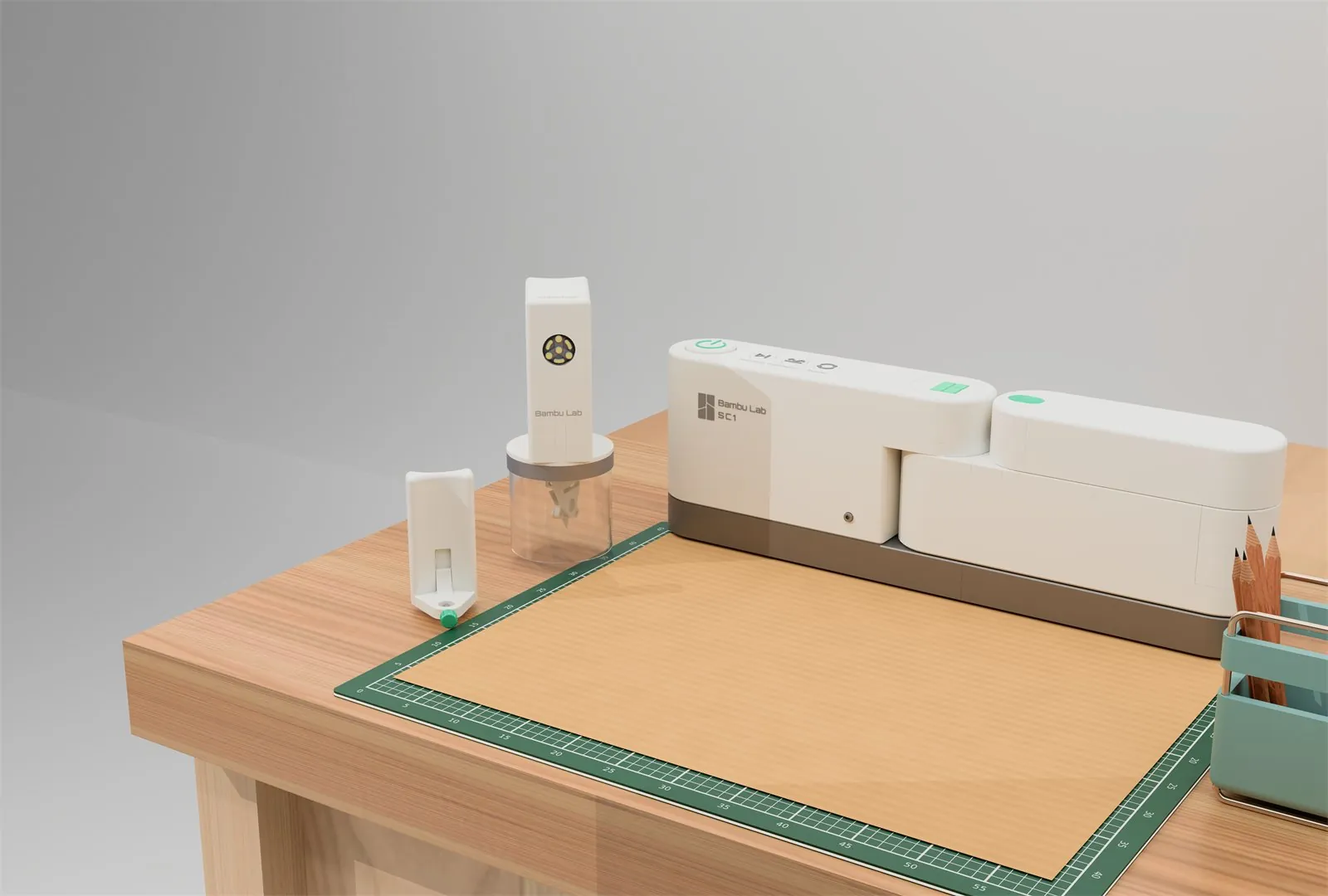 Render of SwivelCut on a workshop bench beside a cutting mat, with the tracing and cutting heads standing next to it