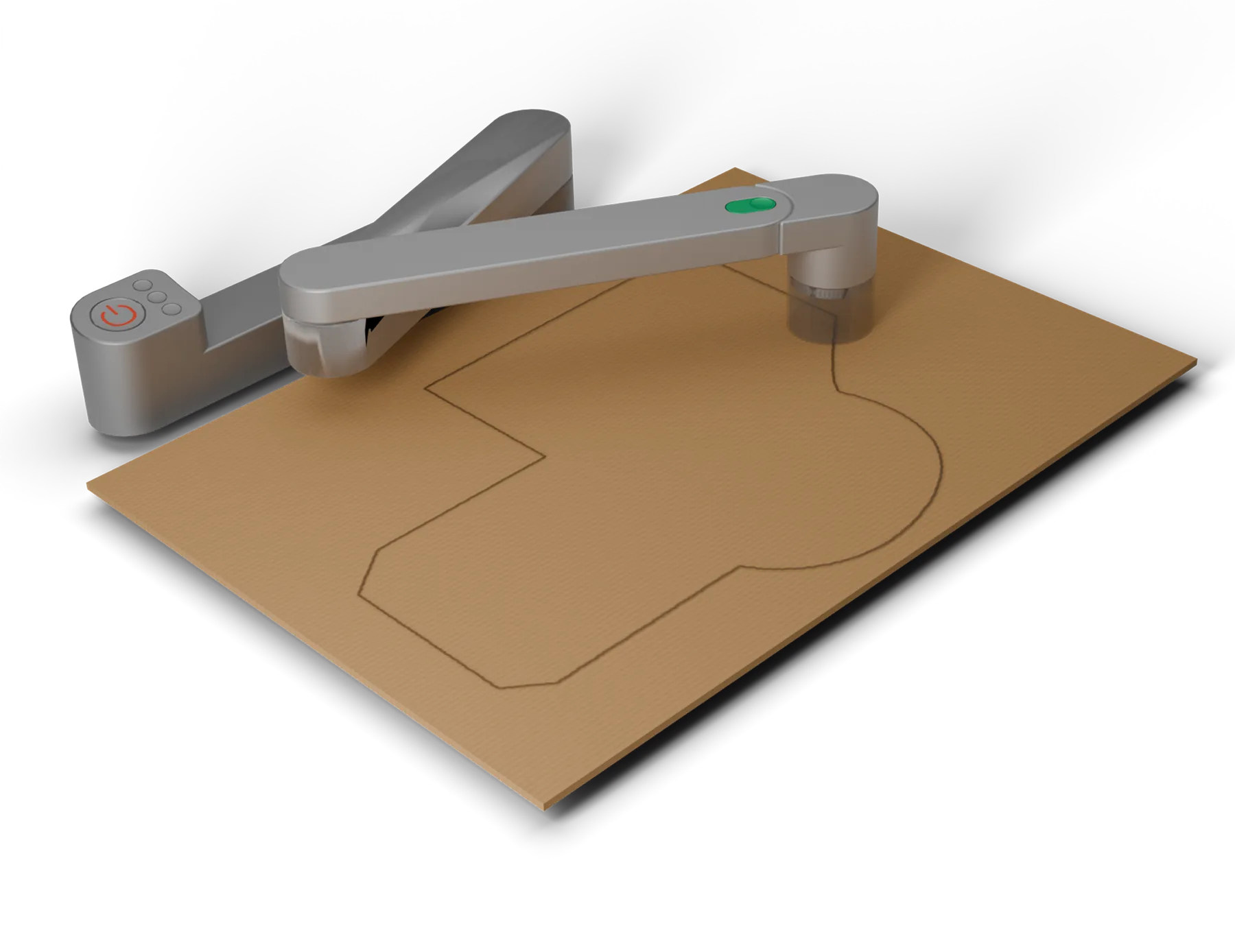 Render of the two-arm system over a cardboard sheet with a traced cutting path