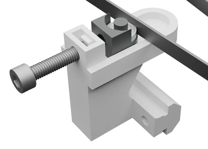 Close-up render of a belt tensioner: a bolt pushing a sliding block that presses on the GT2 belt, mounted to the aluminium extrusion
