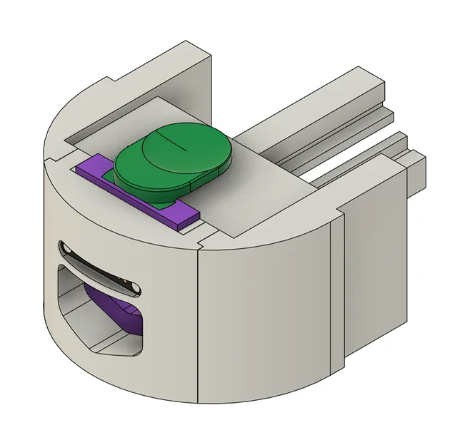 Cutaway render of the head connection: a green push-button on top of a purple spring-loaded catch, with the locking slot visible in the side of the housing