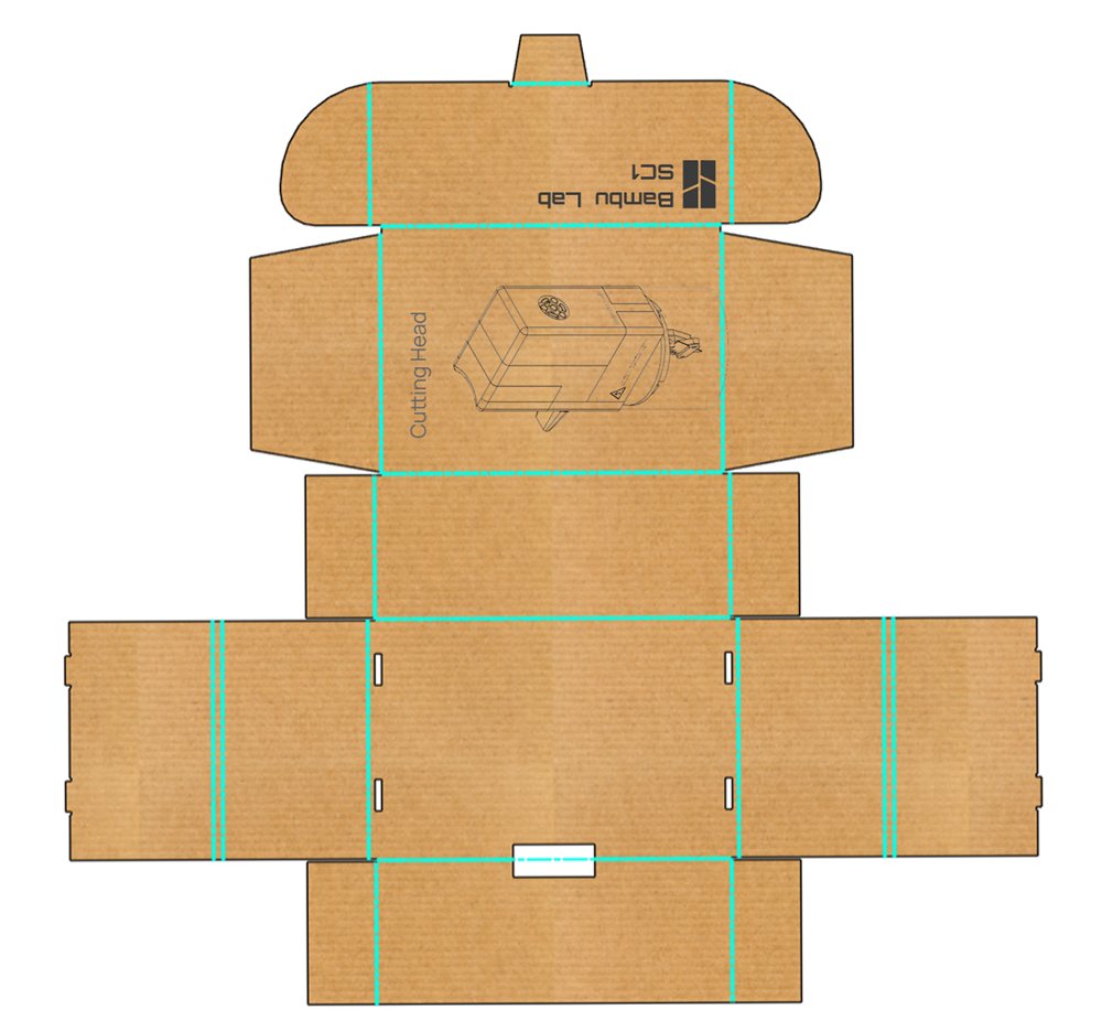 Flat die-line of the cutting head box in brown card, with fold lines marked and the Bambu Lab SC1 logo and cutting head drawing printed on the lid