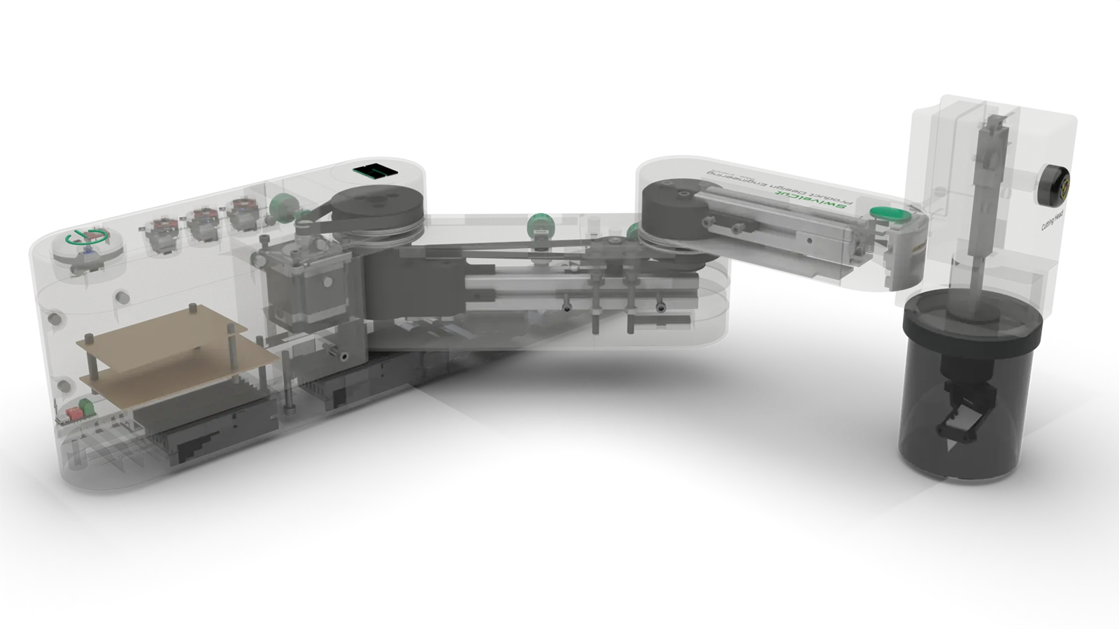 See-through render of SwivelCut showing the motors, timing belts, pulleys and shafts inside the base and arms