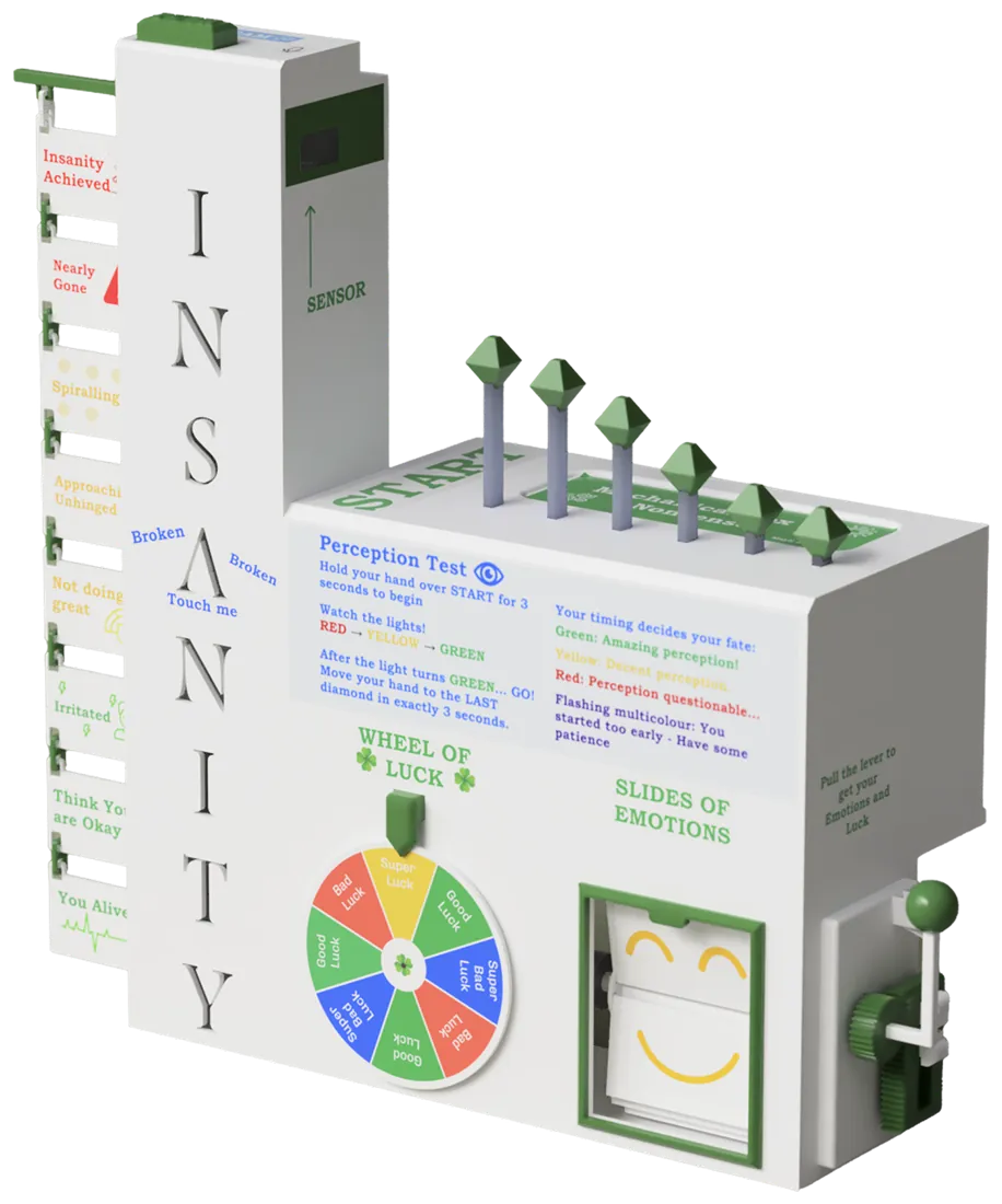 CAD render of MindMeter: the Insanity tower, diamond pistons, Wheel of Luck, Slides of Emotions and side lever