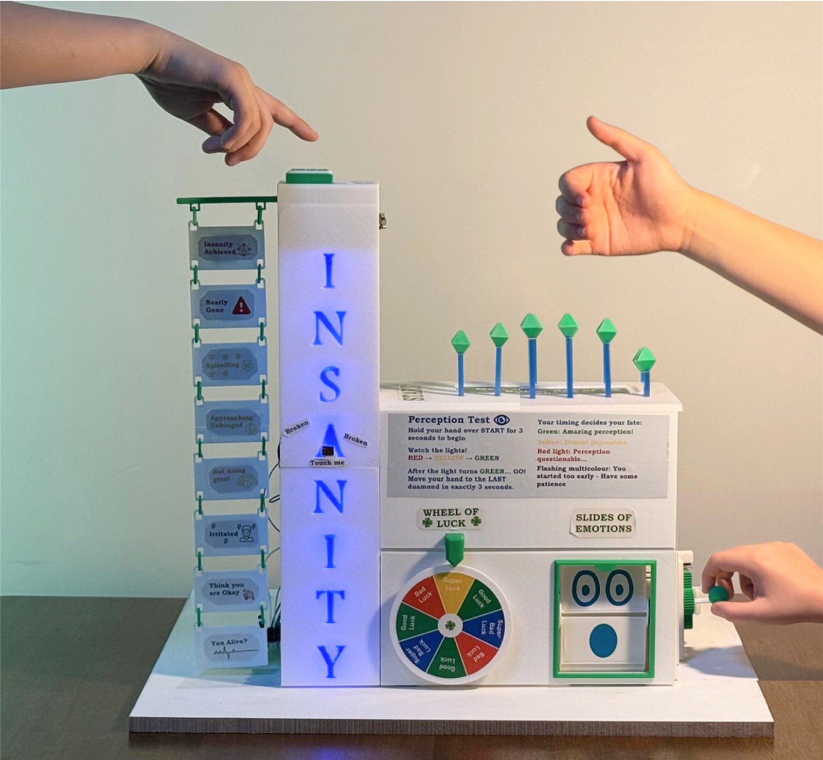The finished MindMeter in use: one hand pressing the glowing Insanity tower button, one held over the diamond pistons and one pulling the side lever