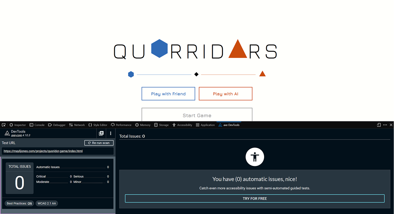 The Quorridors start screen with Firefox Developer Tools open below it. The axe DevTools panel reports 0 accessibility issues: none critical, serious, moderate or minor, tested against WCAG 2.1 AA with best practices on.